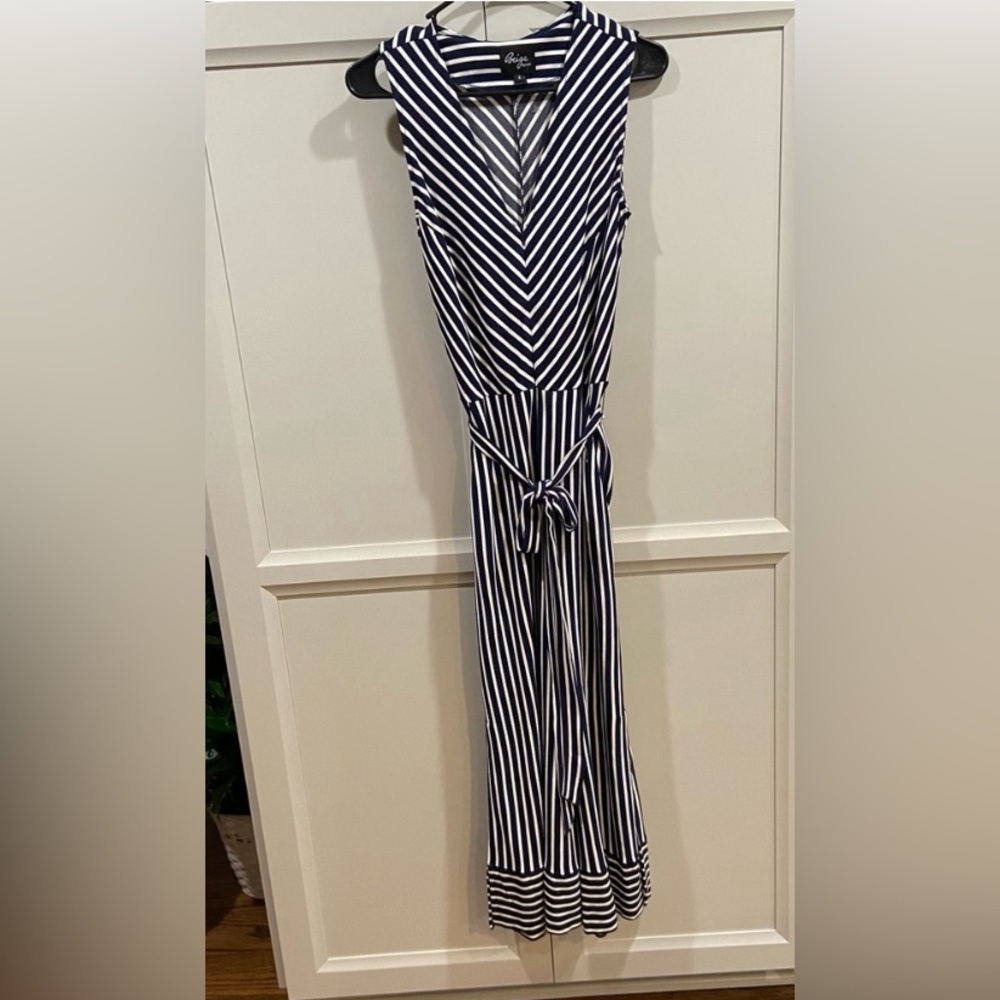 Beige by ECI Navy and white striped sleeveless jumpsuit romper wide leg Sz small - Picture 3 of 5